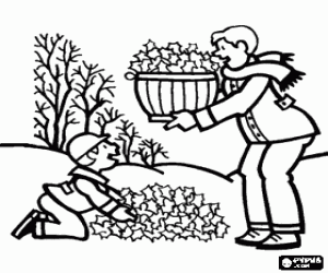 A boy with his father working in the garden picking up the fallen leaves coloring page