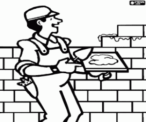 A builder or bricklayer building a brick wall coloring page