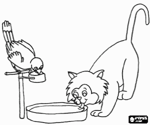 A cat and a parrot drinking from their saucers coloring page