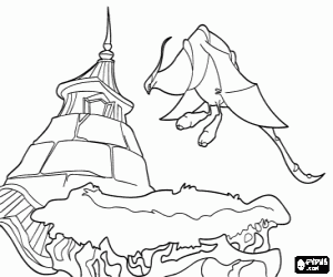 A dragon flying near a building coloring page