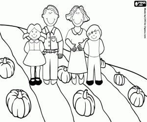 A family in the field during the fall with the harvest of pumpkins coloring page
