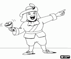 A fool, a buffon, a joker or a jester in action in front the guests with the help of a bell coloring page