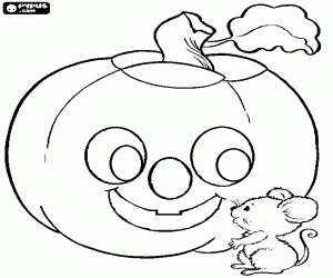 A friendly little mouse in front of a Halloween pumpkin with a smiling face coloring page