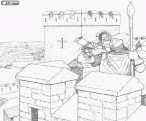 A guard at the castle tower blowing the horn and with his spear in his hand coloring page