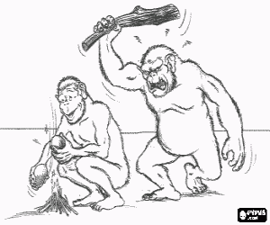 A hominid attacks from behind with a stick while his enemy is busy lighting a fire coloring page
