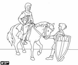 A knight with his horse and his squire with the shield coloring page