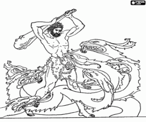 A man confronts the Lernaean Hydra, aquatic monster-shaped seven-headed serpent coloring page