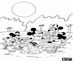 A Mouse family on picnic in the field: Mickey, Minnie, Pluto and the children coloring page