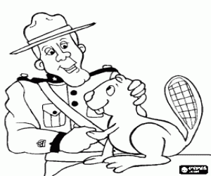 A policeman of the Royal Canadian Mounted petting a beaver coloring page