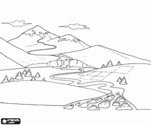 A river from its source at the summit of a mountain to its mouth in a delta coloring page