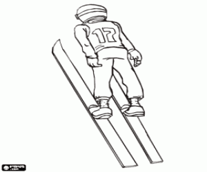 A ski jumper flying after going down a take-off ramp and jump  coloring page