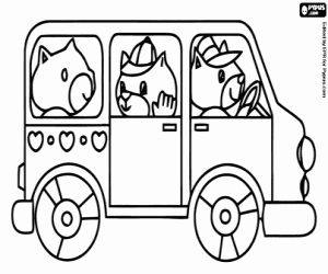 A small bus with animal characters coloring page