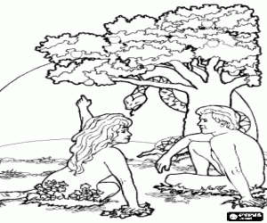 Adam and Eve tempted by the serpent to eat an apple coloring page