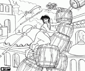Aladdin and Abu fleeing persecution of the soldiers coloring page