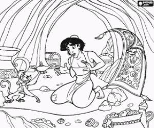 Aladdin and his monkey Abu find an old lamp in the depths of the Cave of Wonders coloring page