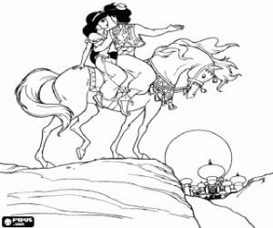 Aladdin and Jasmine by riding a horse near palace coloring page
