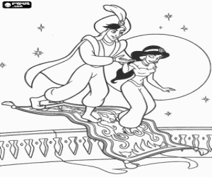 Aladdin and Jasmine descending the magic carpet in a full moon night  coloring page