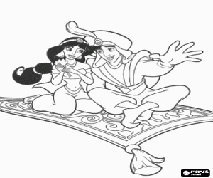 Aladdin and Jasmine in love on the flying carpet  coloring page