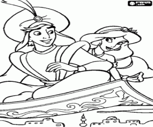 Aladdin and Jasmine over the city in the magical flying carpet coloring page