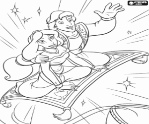 Aladdin and Princess Jasmine on the flying carpet coloring page