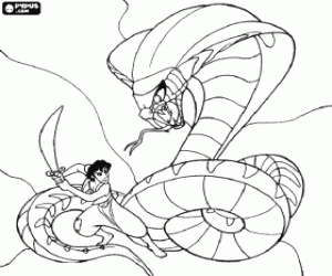 Aladdin fighting with his sword against a big snake coloring page