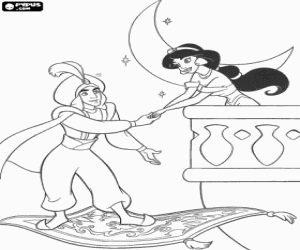 Aladdin on the flying carpet talking with Princess Jasmine on the balcony under the moonlight and the stars coloring page