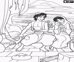 Aladdin with the monkey Abu showing Jasmine the treasures they have found coloring page