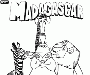 Alex, Marty, Melman and Gloria, the animals protagonists of adventures in Madagascar coloring page