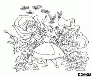 Alice happy in the garden of animated flowers  coloring page