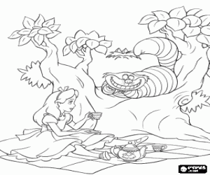 Alice having tea and chatting with the Cheshire Cat coloring page