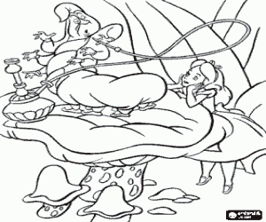 Alice looking at The Caterpillar smoking a hookah or waterpipe on a giant mushroom coloring page