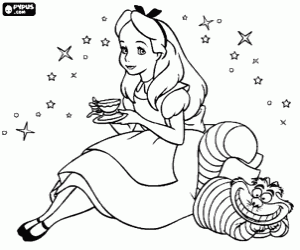 Alice with a cup of tea and the magic cat at her side coloring page