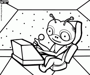 Alien at the commands of his spacecraft coloring page