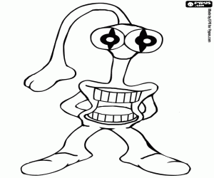 Alien or extraterrestrial with beak-shaped nose, mouth in the body and big eyes coloring page