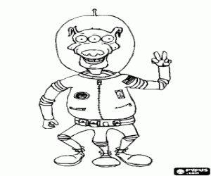Alien or extraterrestrial with three eyes and three legs wearing an astronaut suit coloring page