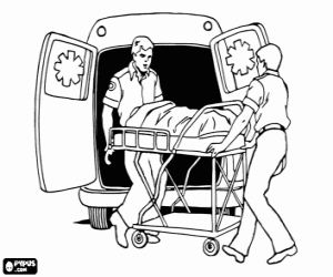 Ambulance nurses in an emergency situation moving a patient on a stretcher to hospital coloring page