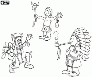 American Indians in various traditional rites: smoking the peace pipe, and dancing at a ceremony invoking the spirits coloring page