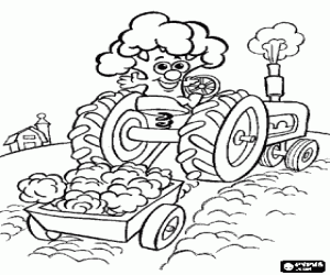 An animated broccoli driving the tractor in the field coloring page