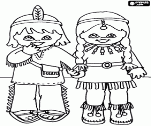 An indian girl and an indian boy with typical clothing of his people coloring page