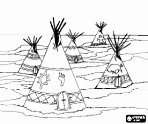 An Indian tribe camp with tepees or tents on the plain coloring page