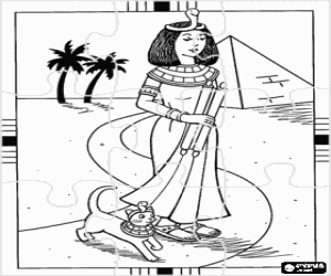 Ancient Egypt puzzle - Near a pyramid and some palm trees Cleopatra walking along with her cat, representing the goddess Bastet, with their headgear in the form of a snake or asp coloring page