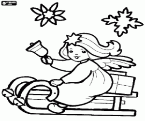 Angel in a sleigh and playing a bell coloring page