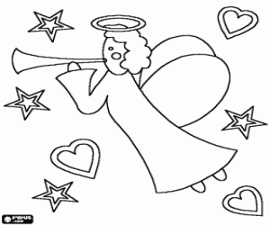 Angel playing trumpet in a background of hearts and stars coloring page