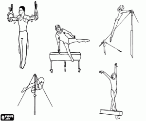 Artistic gymnastics - Still rings, pommel horse, uneven or asymmetric bars, high bar and balance beam coloring page
