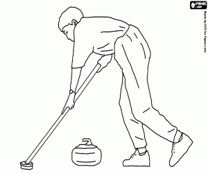 Athlete curling, a player or curler slide a stone towards a target area and the sweepers with brooms accompany it  coloring page