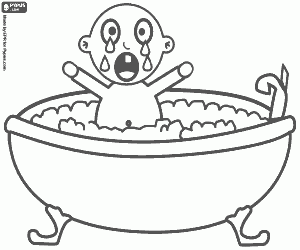 Baby crying hopelessly heartbrokenly during the bath in a small bathtub  coloring page