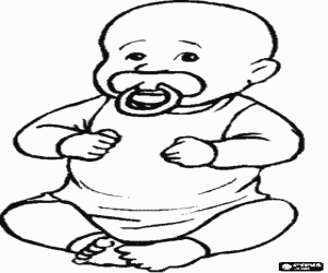Baby seated with a pacifier in his mouth coloring page
