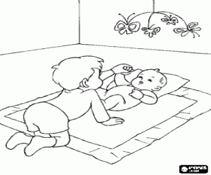 Baby stretched on the floor on his blanket and with a hanging mobile, playing with his older brother coloring page