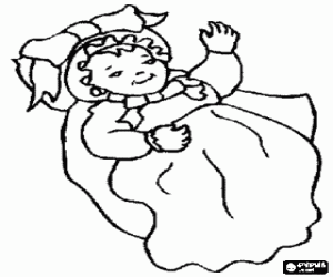 Baby with an elegant dress with bow and hat coloring page