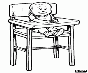 Baby with the bib seated in his high chair ready to eat coloring page